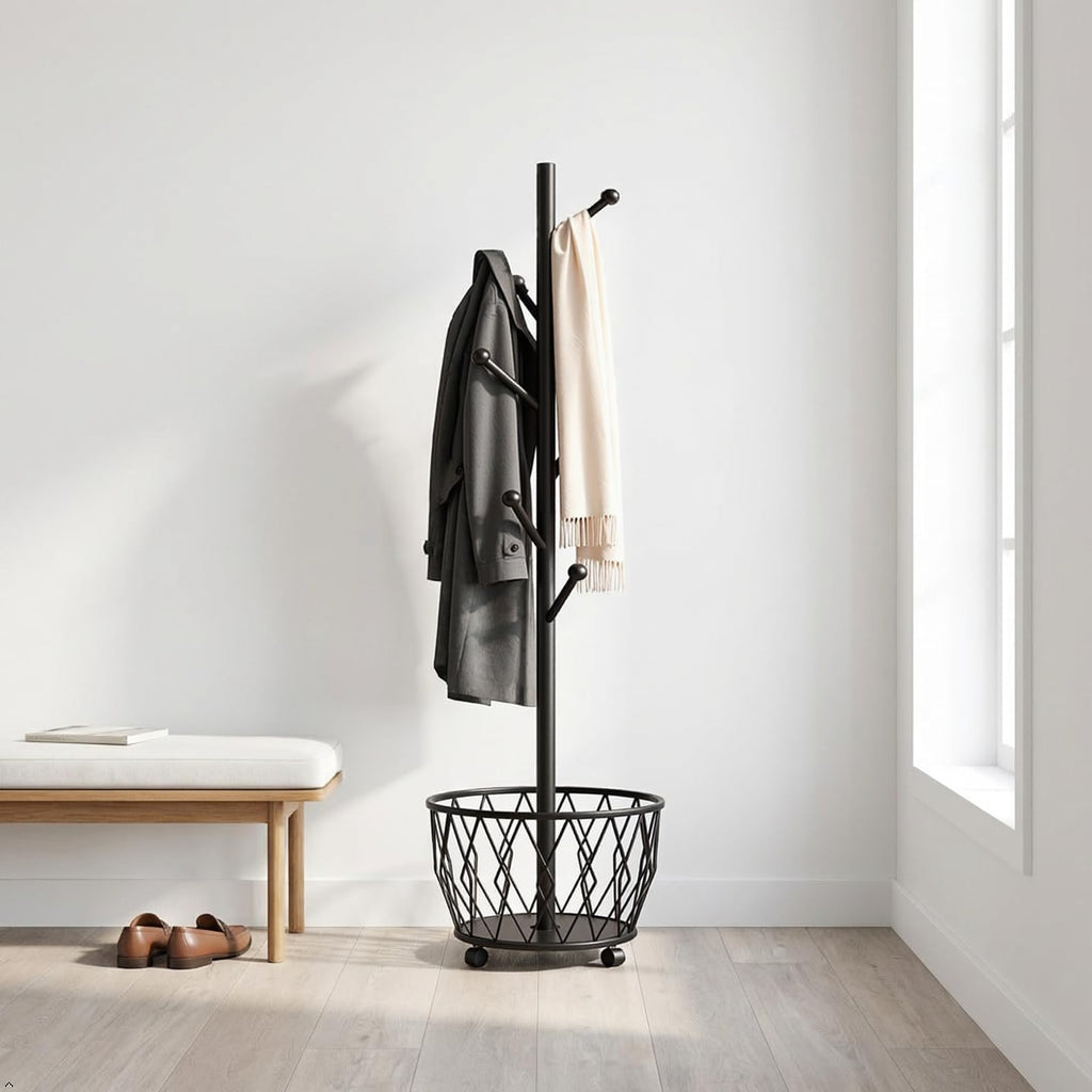Black Freestanding Coat Rack with Basket