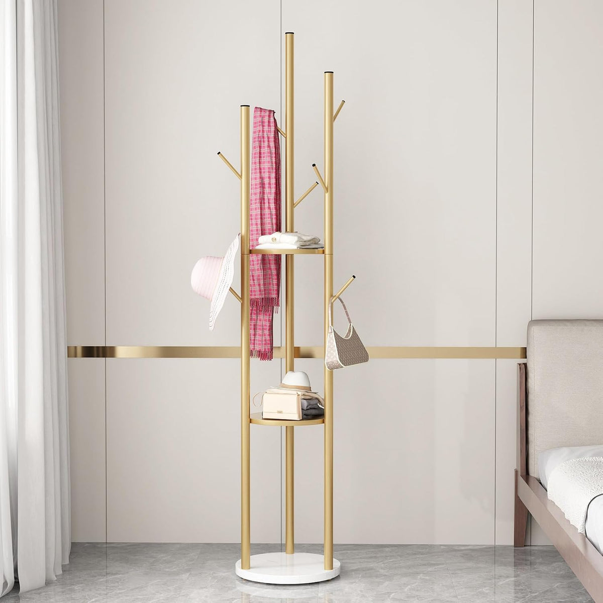 Gold Freestanding Coat Rack with Marble Base