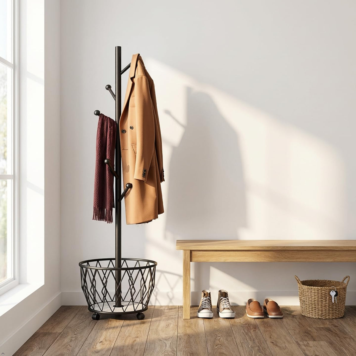 Black Freestanding Coat Rack with Basket