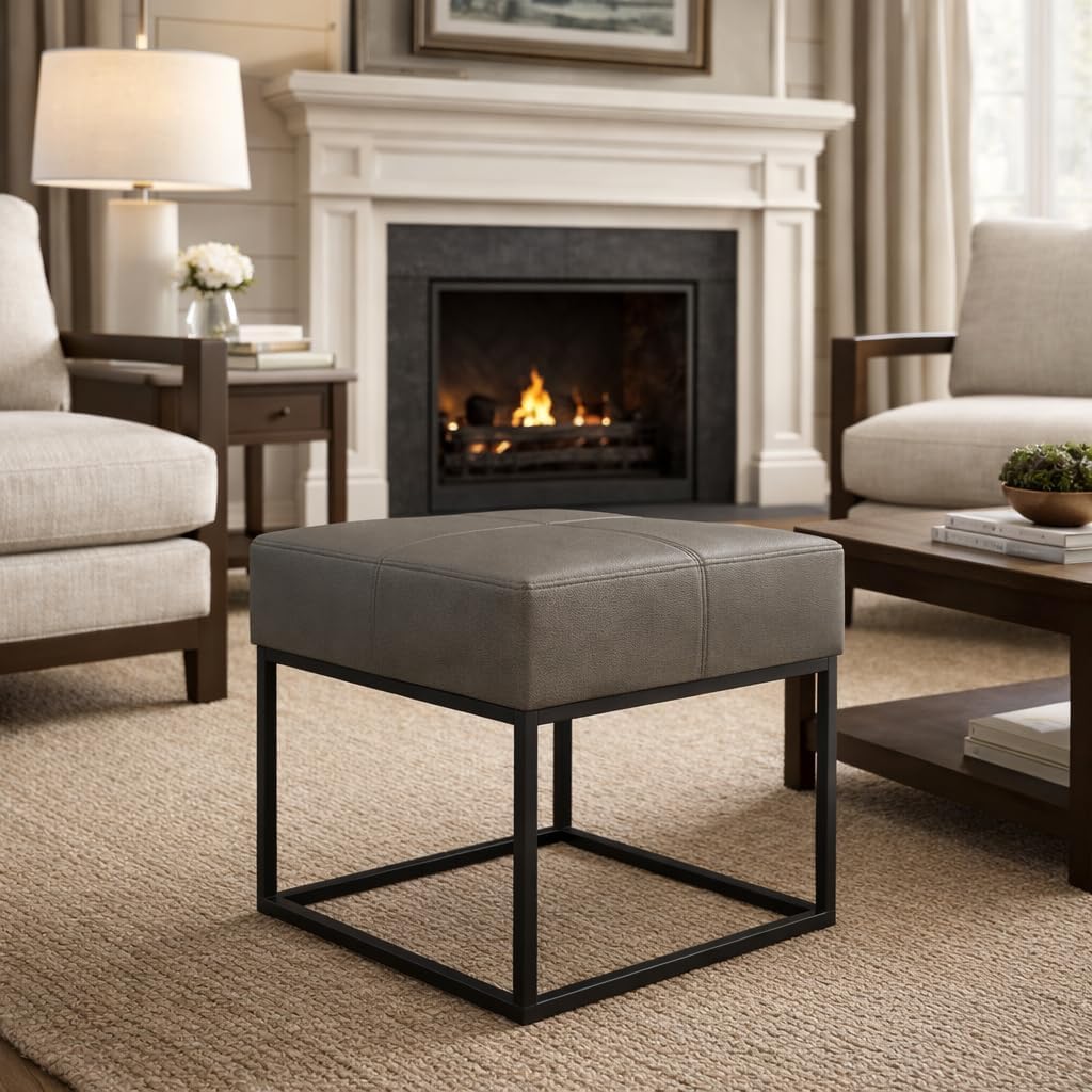18" Pewter Gray Faux Leather Metal Ottoman