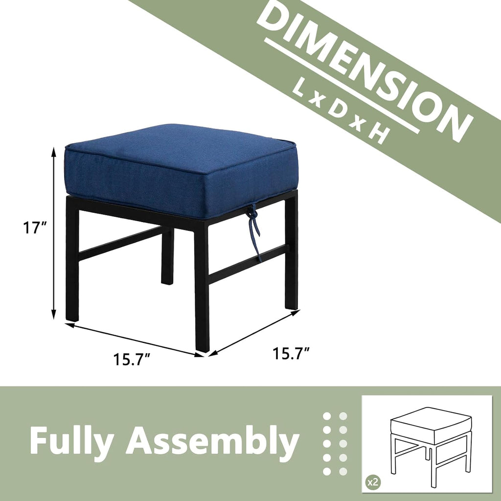 Metal Patio Ottoman With Blue Cushions