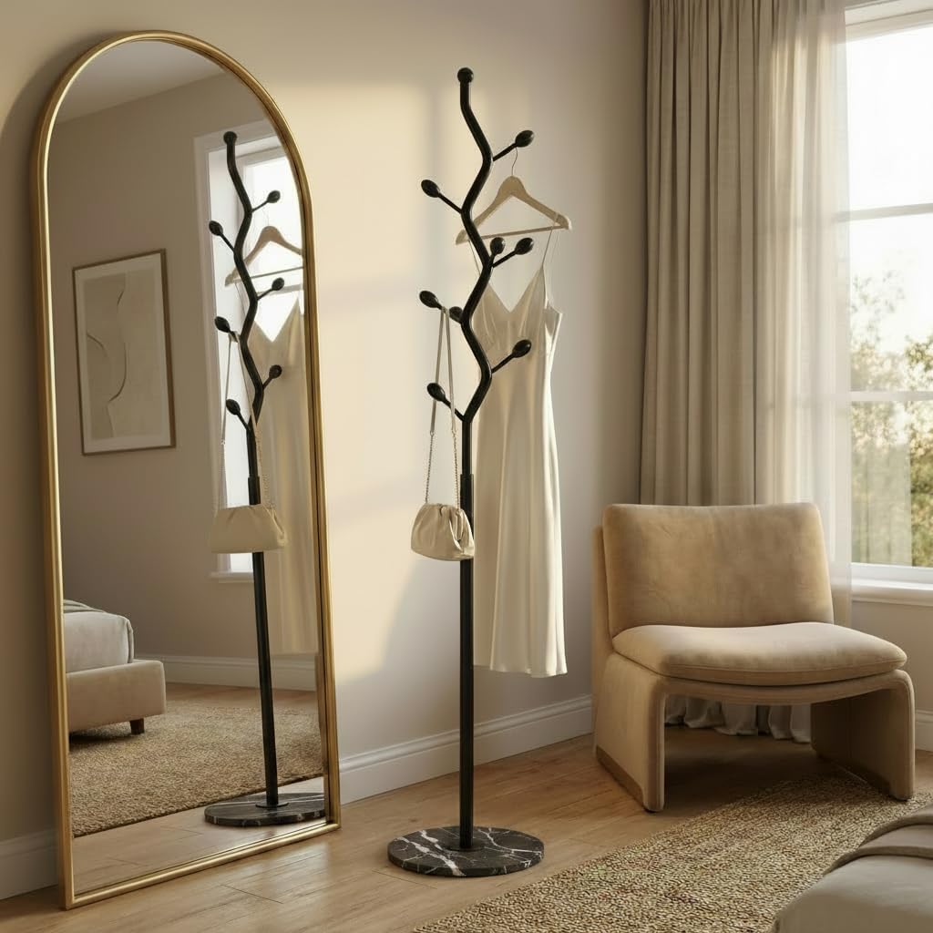 Black Freestanding Coat Rack with Marble Base
