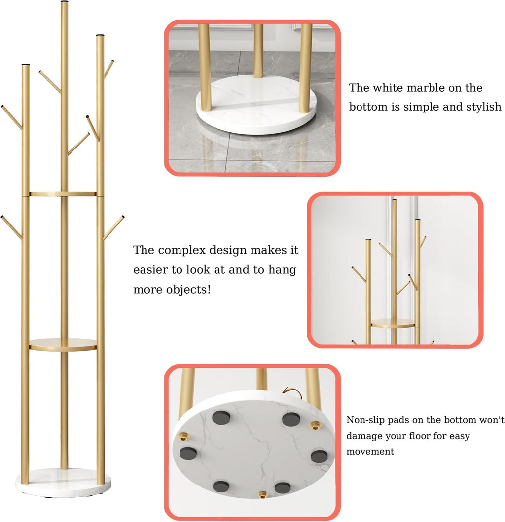 Gold Freestanding Coat Rack with Marble Base
