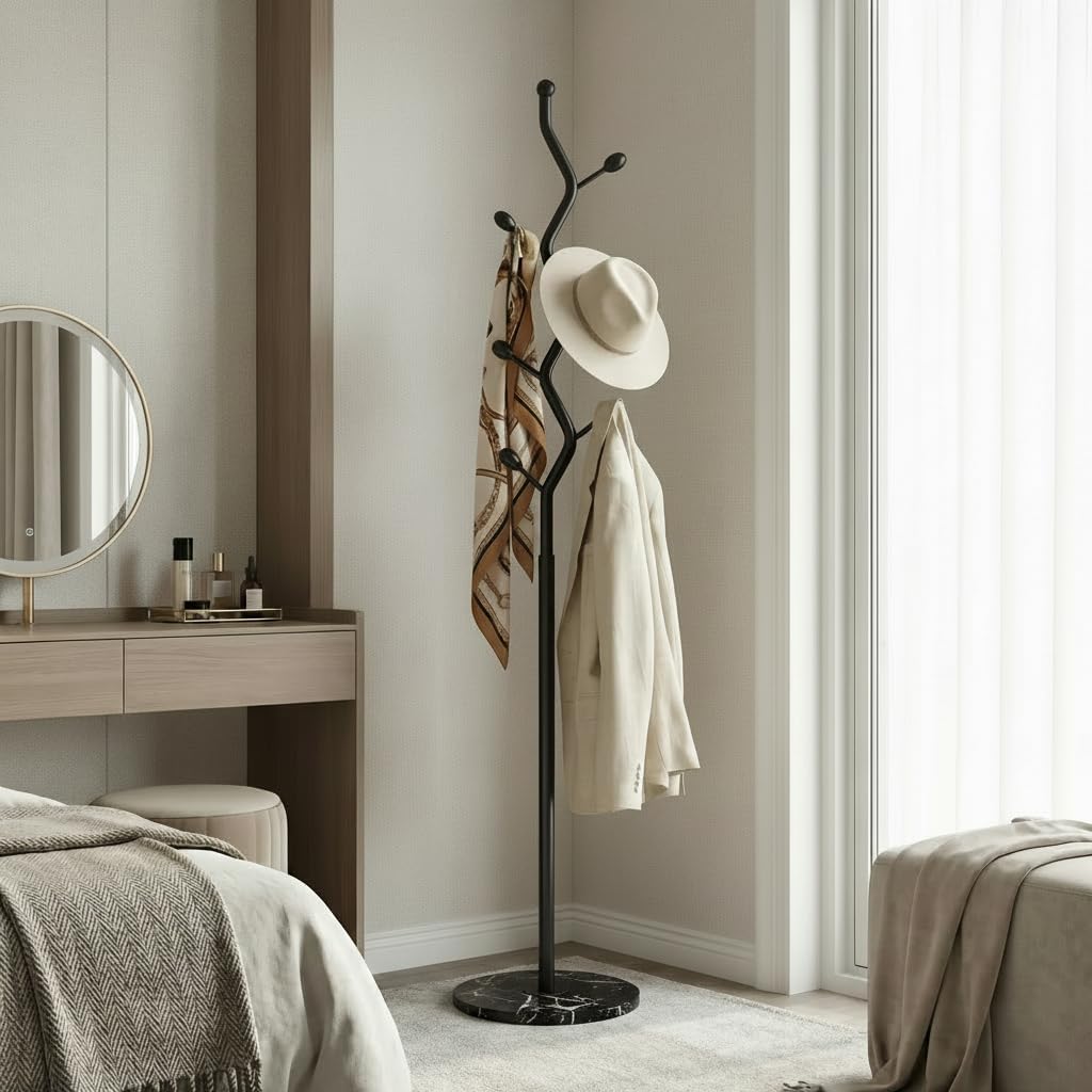 Black Freestanding Coat Rack with Marble Base