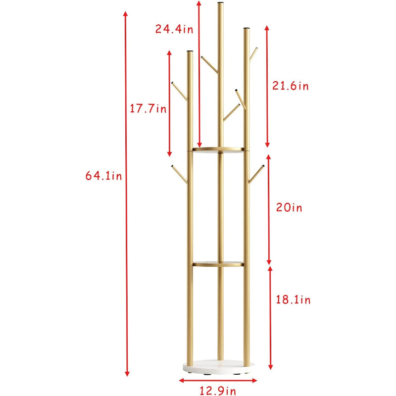 Gold Freestanding Coat Rack with Double Shelves