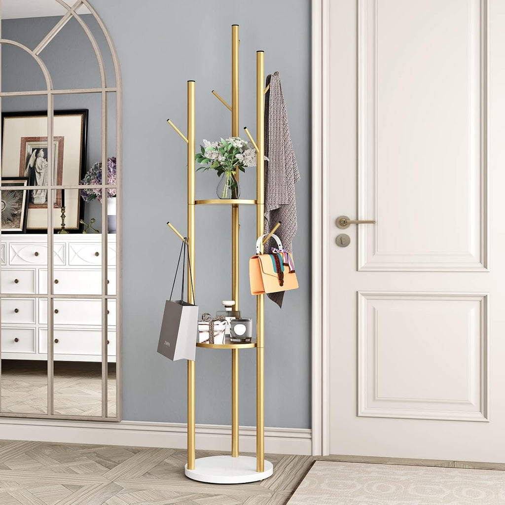 Gold Freestanding Coat Rack with Double Shelves