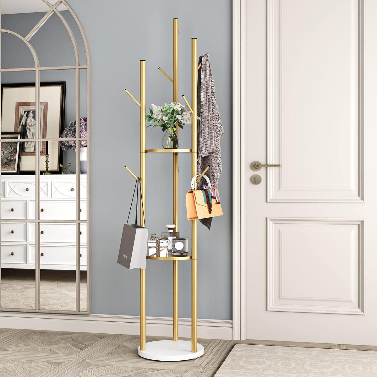 Gold Freestanding Coat Rack with Double Shelves