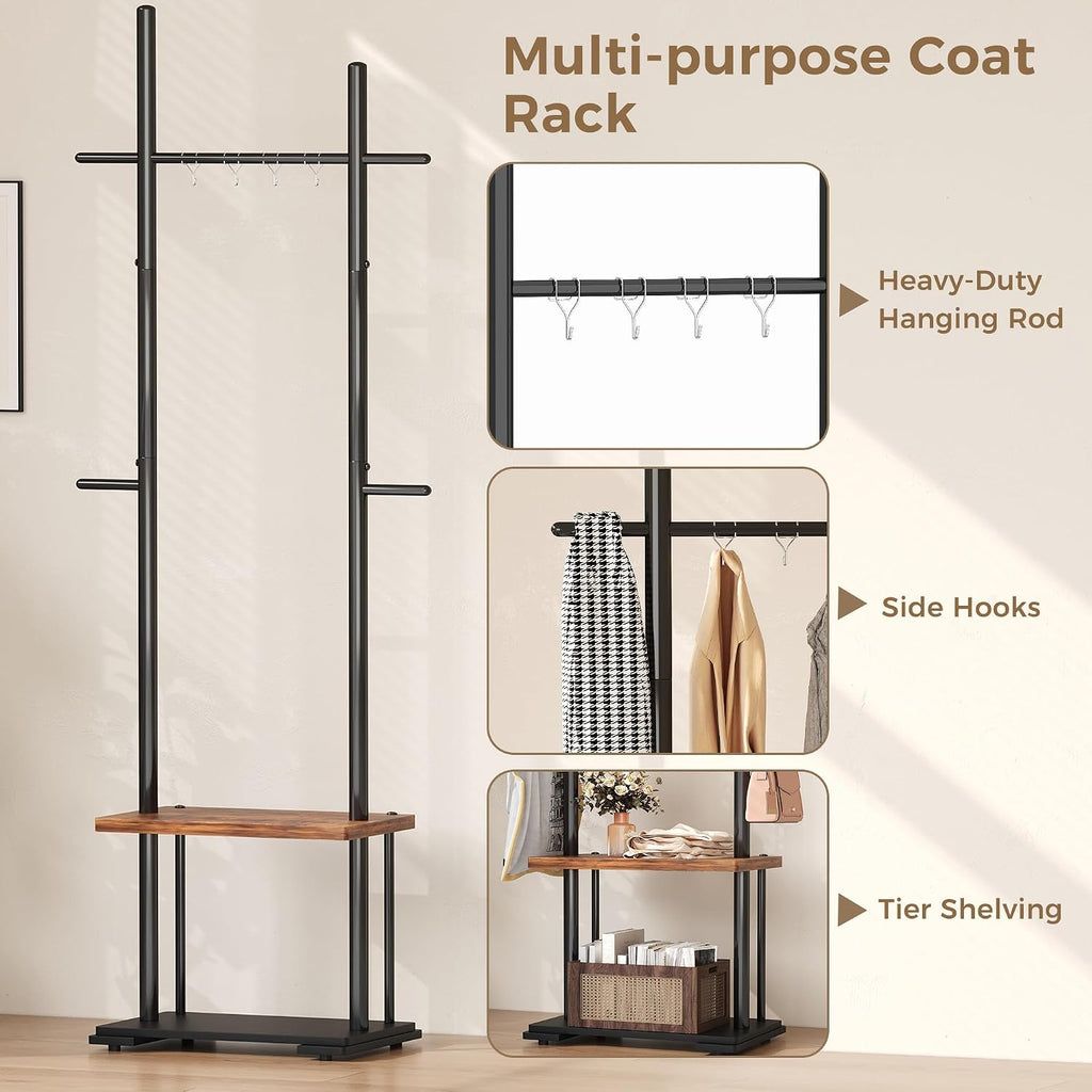 Freestanding Coat Rack with 2 Storage Shelves