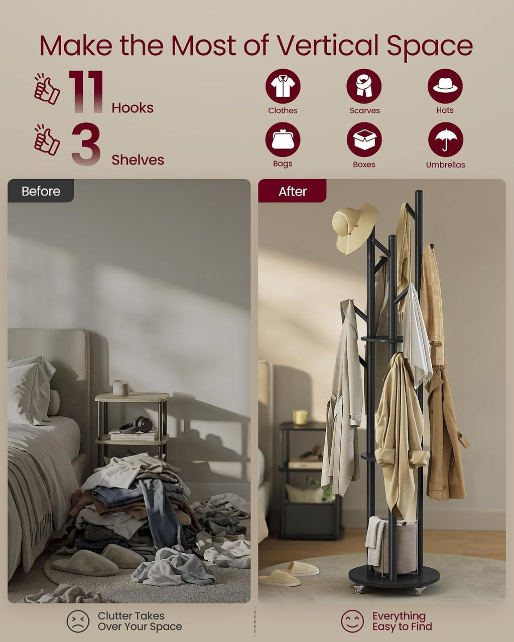 Freestanding Coat Rack with Wheels