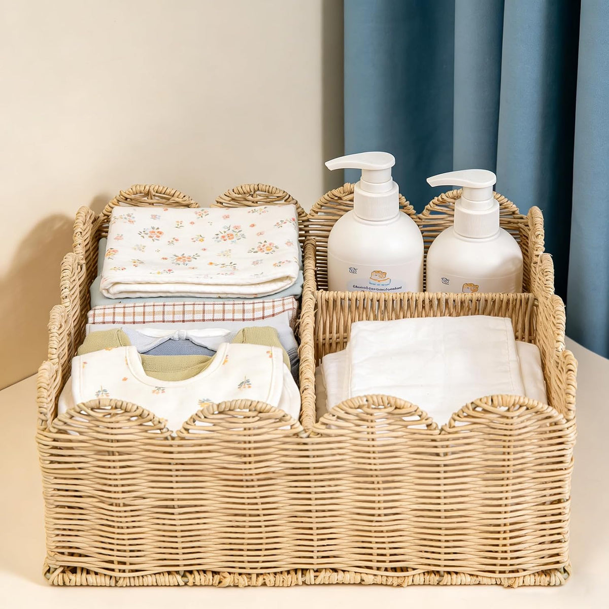 Rattan Scalloped Divided Storage Basket