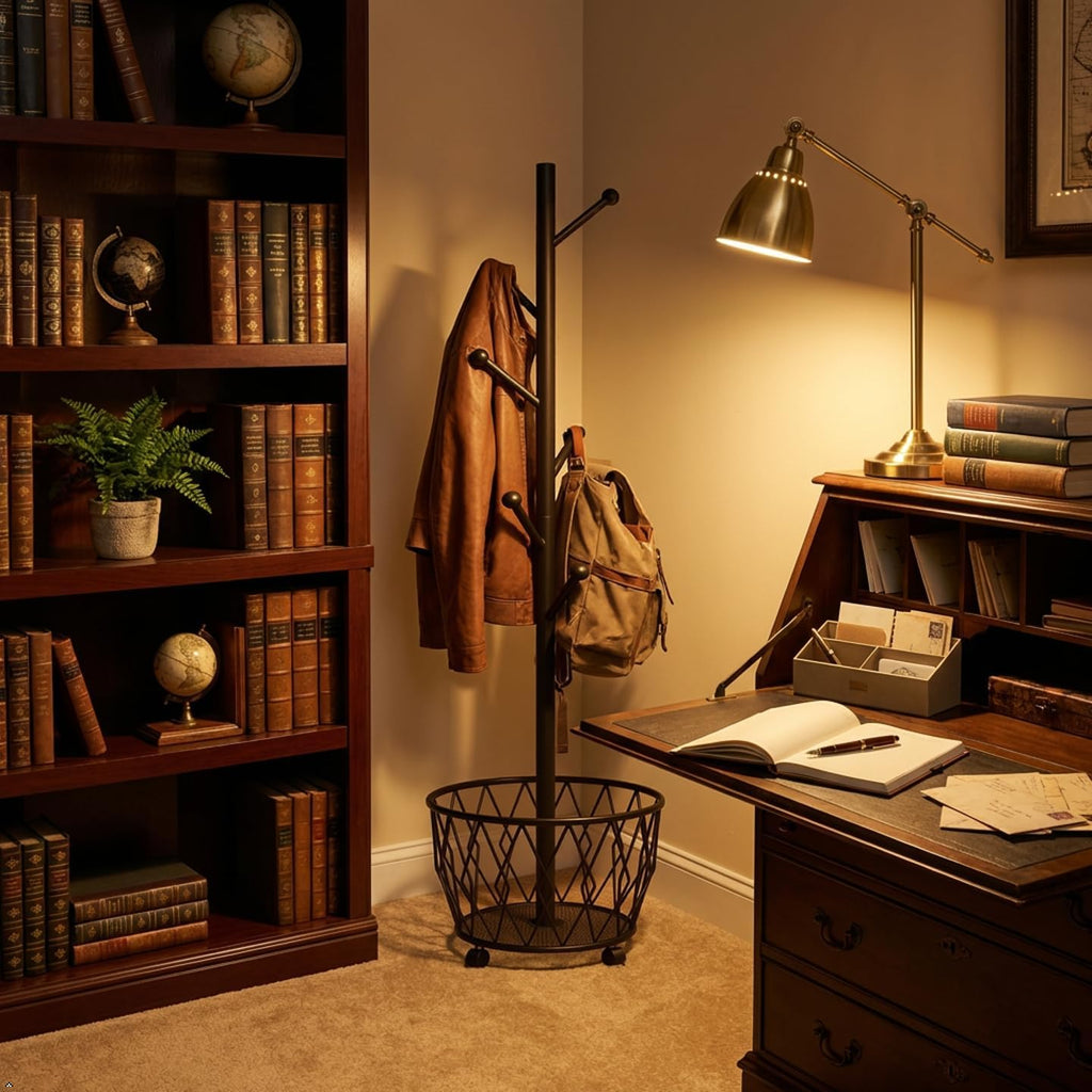 Black Freestanding Coat Rack with Basket