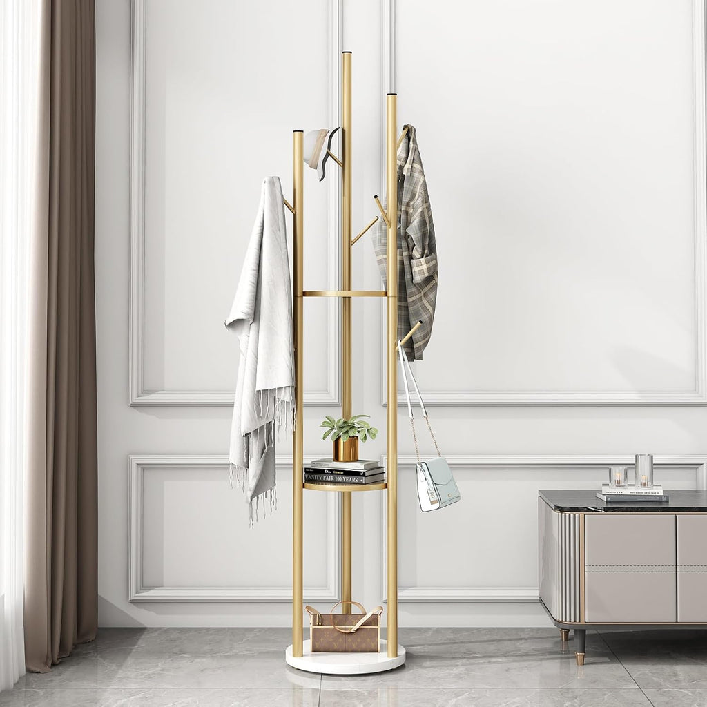 Gold Freestanding Coat Rack with Marble Base