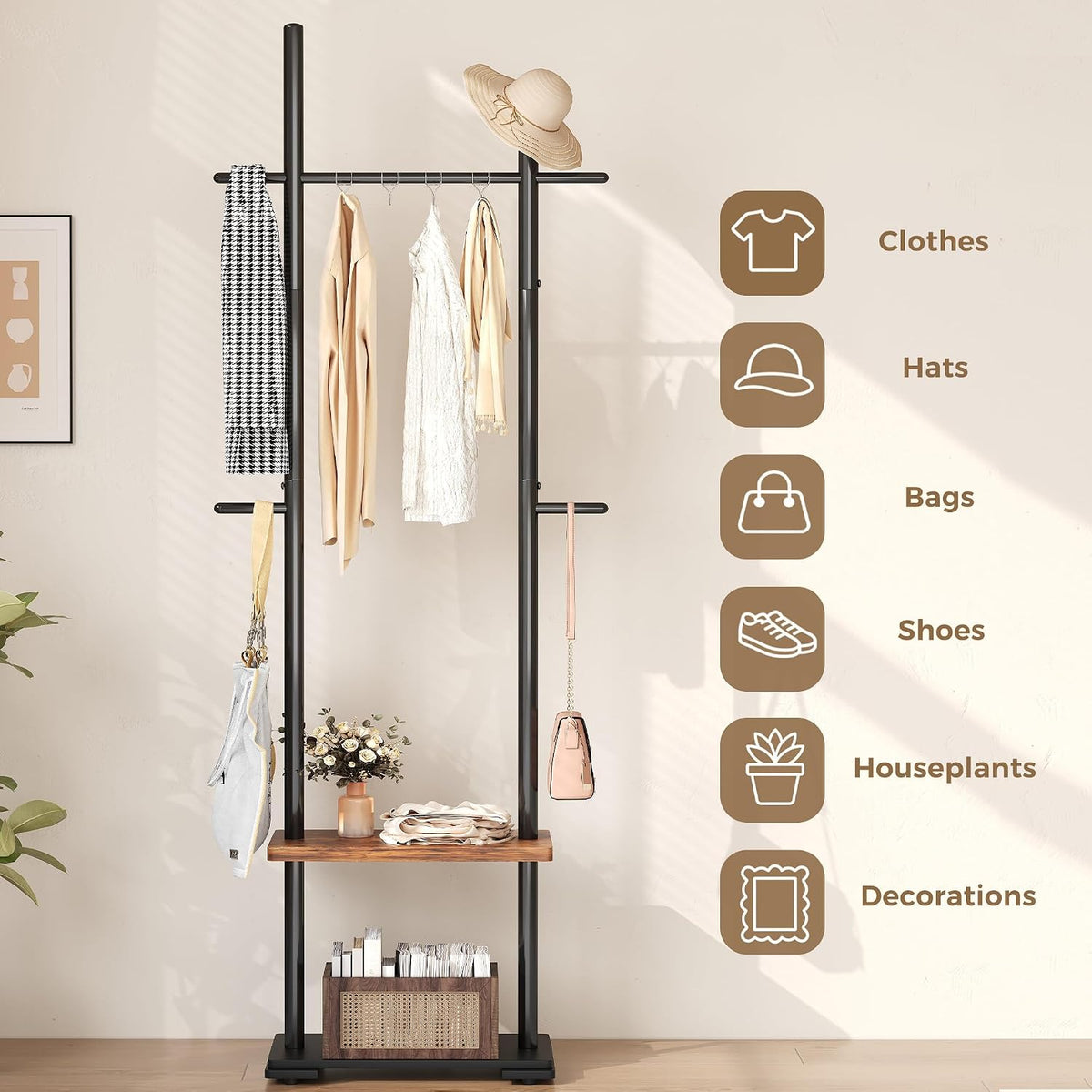Freestanding Coat Rack with 2 Storage Shelves