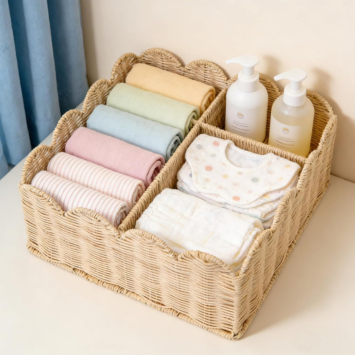 Rattan Scalloped Divided Storage Basket