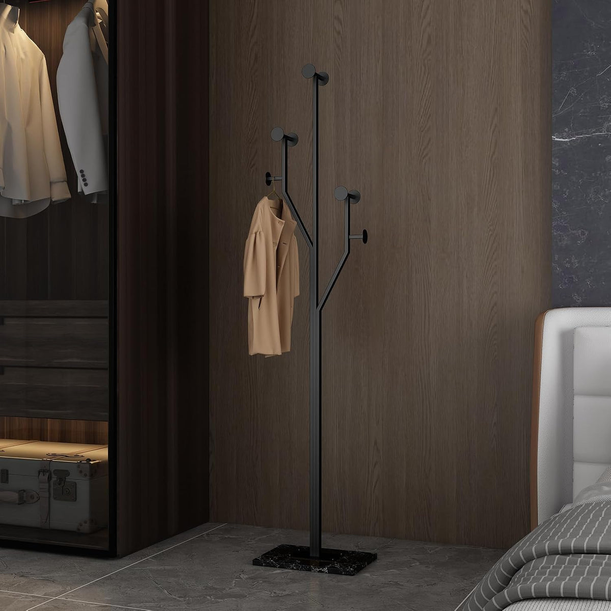 Black Freestanding Coat Rack with Marble Base