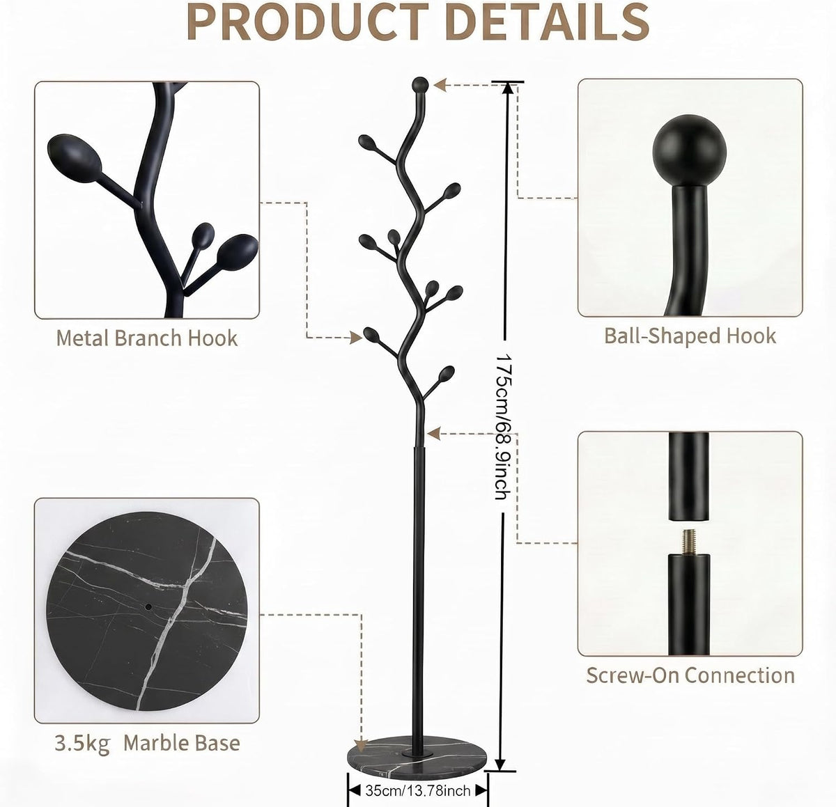 Black Freestanding Coat Rack with Marble Base