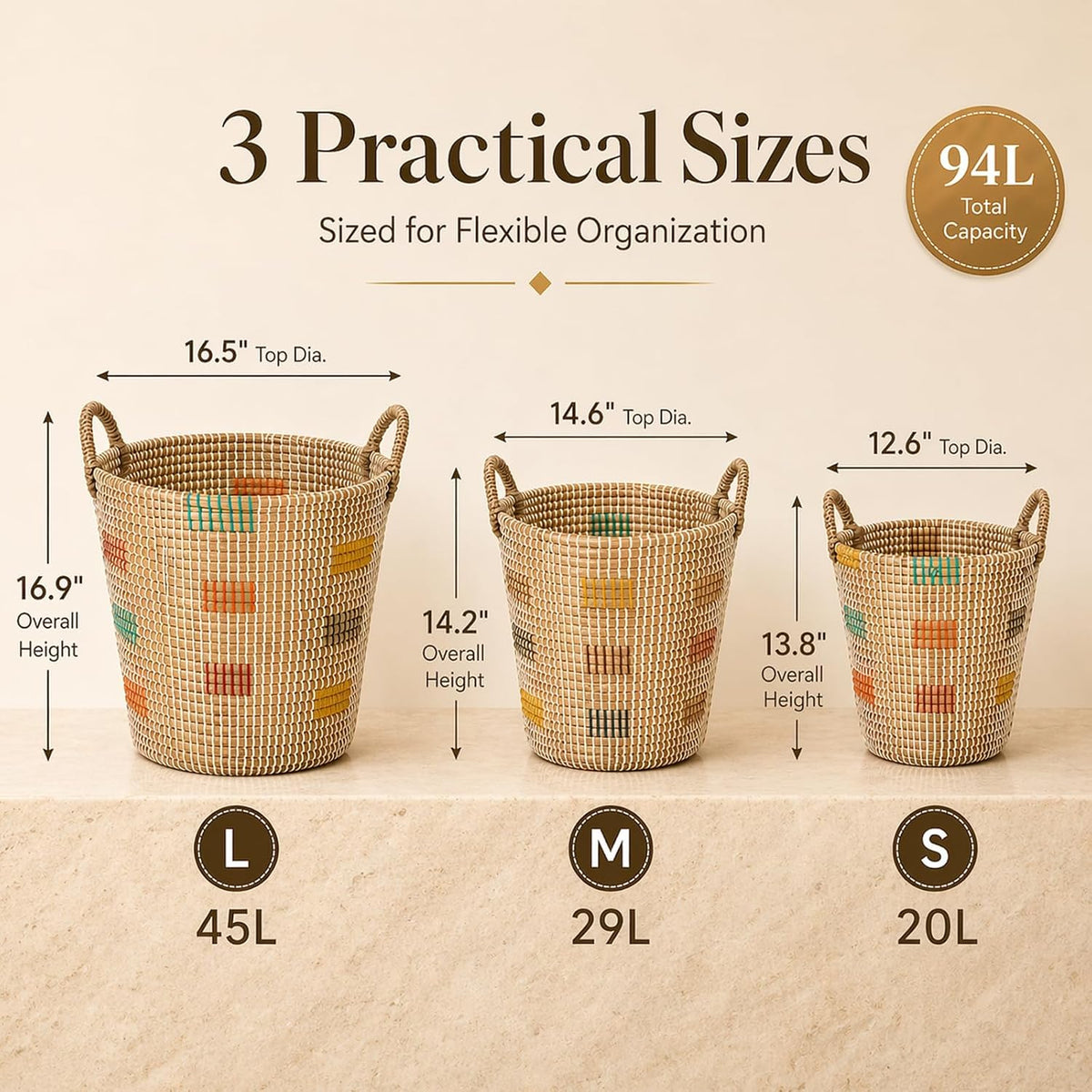 Natural Seagrass Nesting Storage Baskets Set of 3