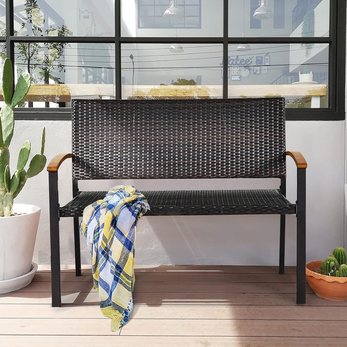 Wicker Acacia Patio Loveseat Bench