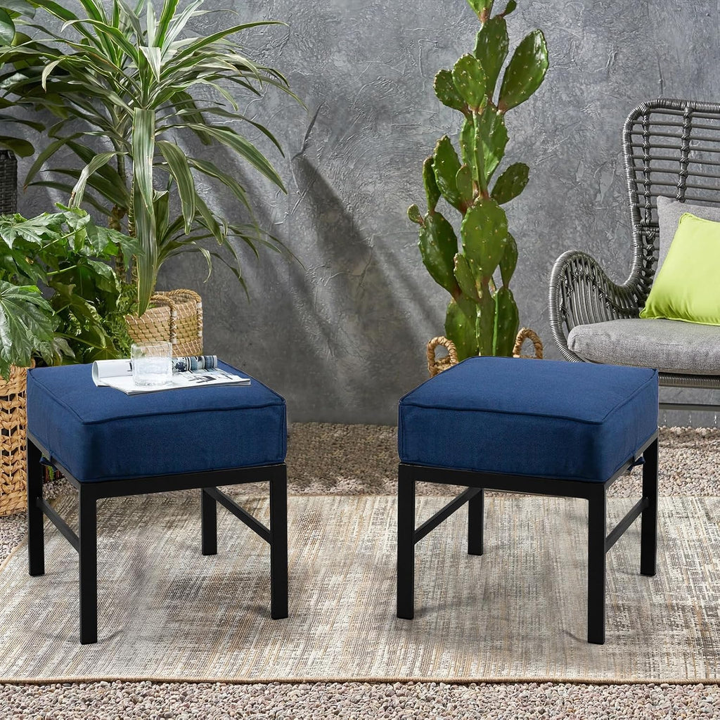 Metal Patio Ottoman With Blue Cushions