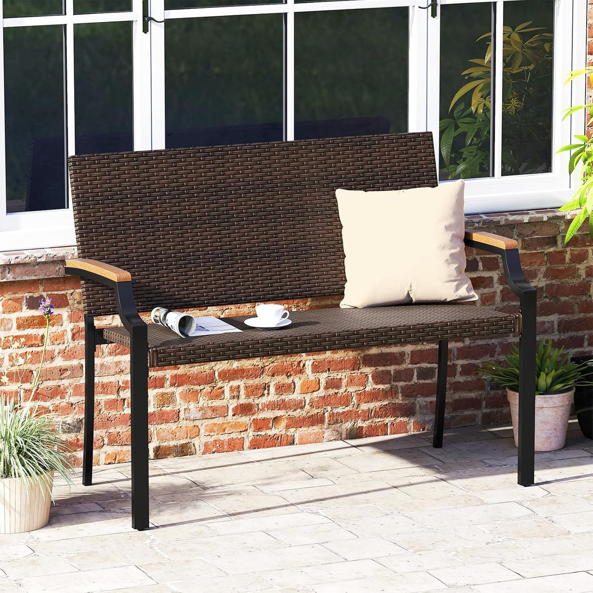 Wicker Acacia Patio Loveseat Bench