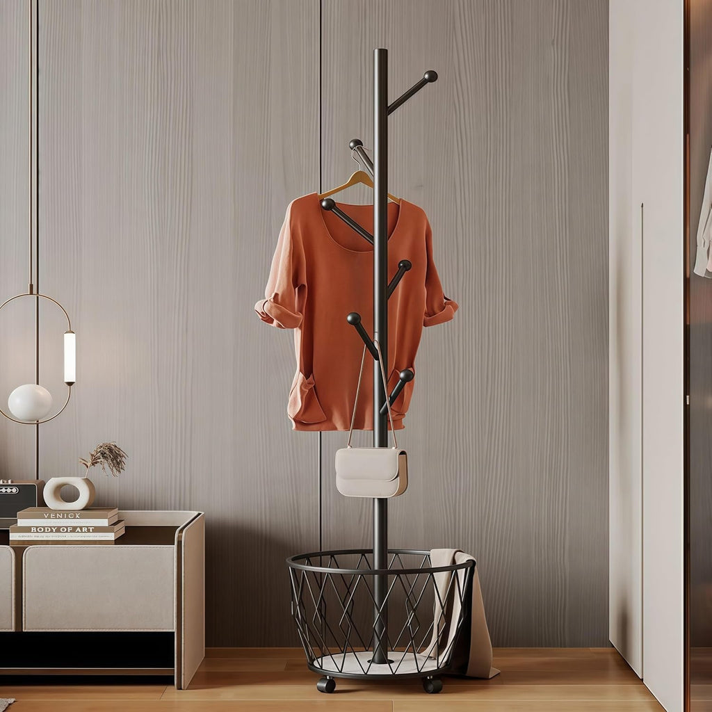 Black Freestanding Coat Rack with Basket