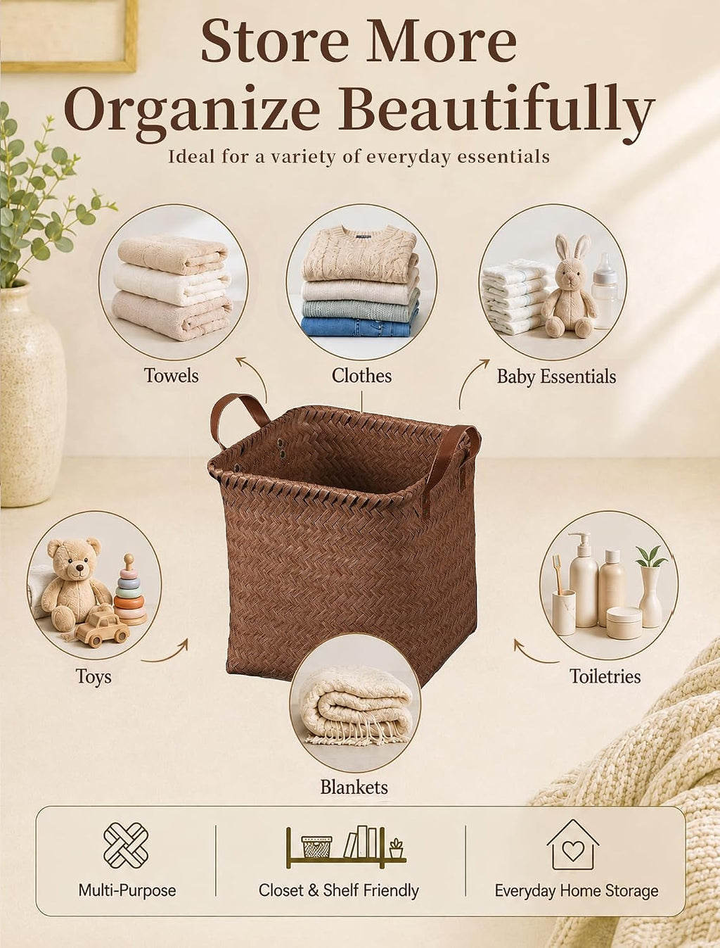 Brown Wicker Storage Baskets 4 Pack