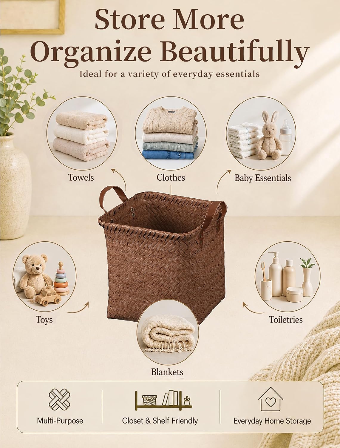 Brown Wicker Storage Baskets 4 Pack