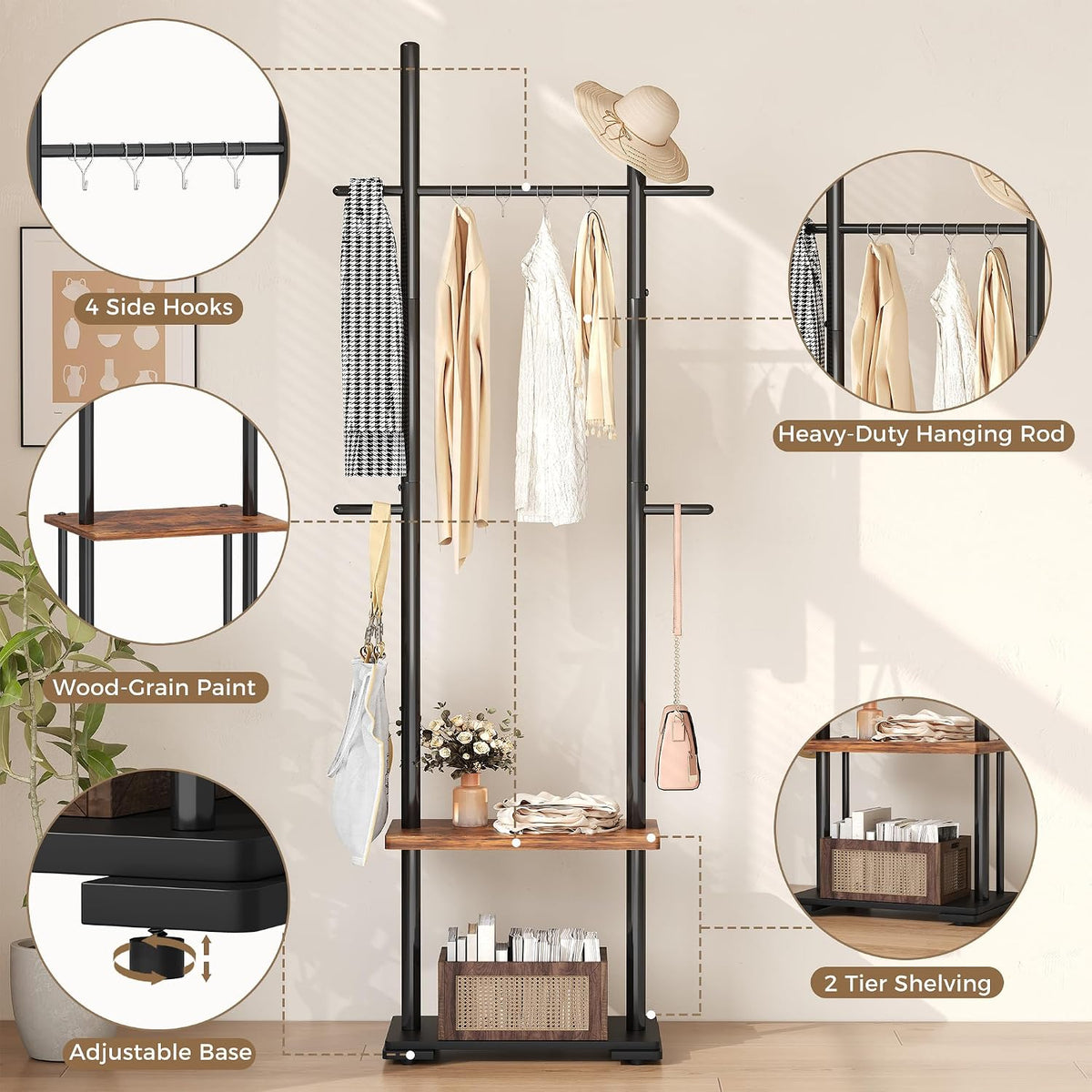 Freestanding Coat Rack with 2 Storage Shelves