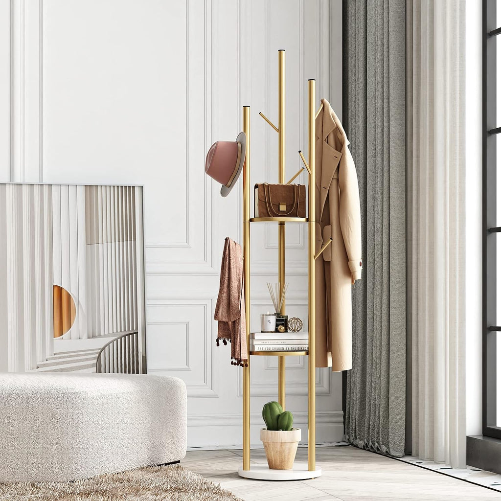 Gold Freestanding Coat Rack with Double Shelves