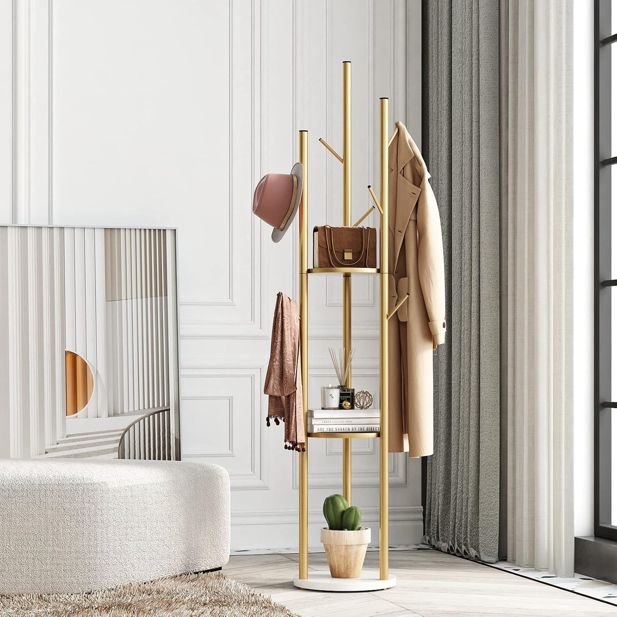 Gold Freestanding Coat Rack with Double Shelves