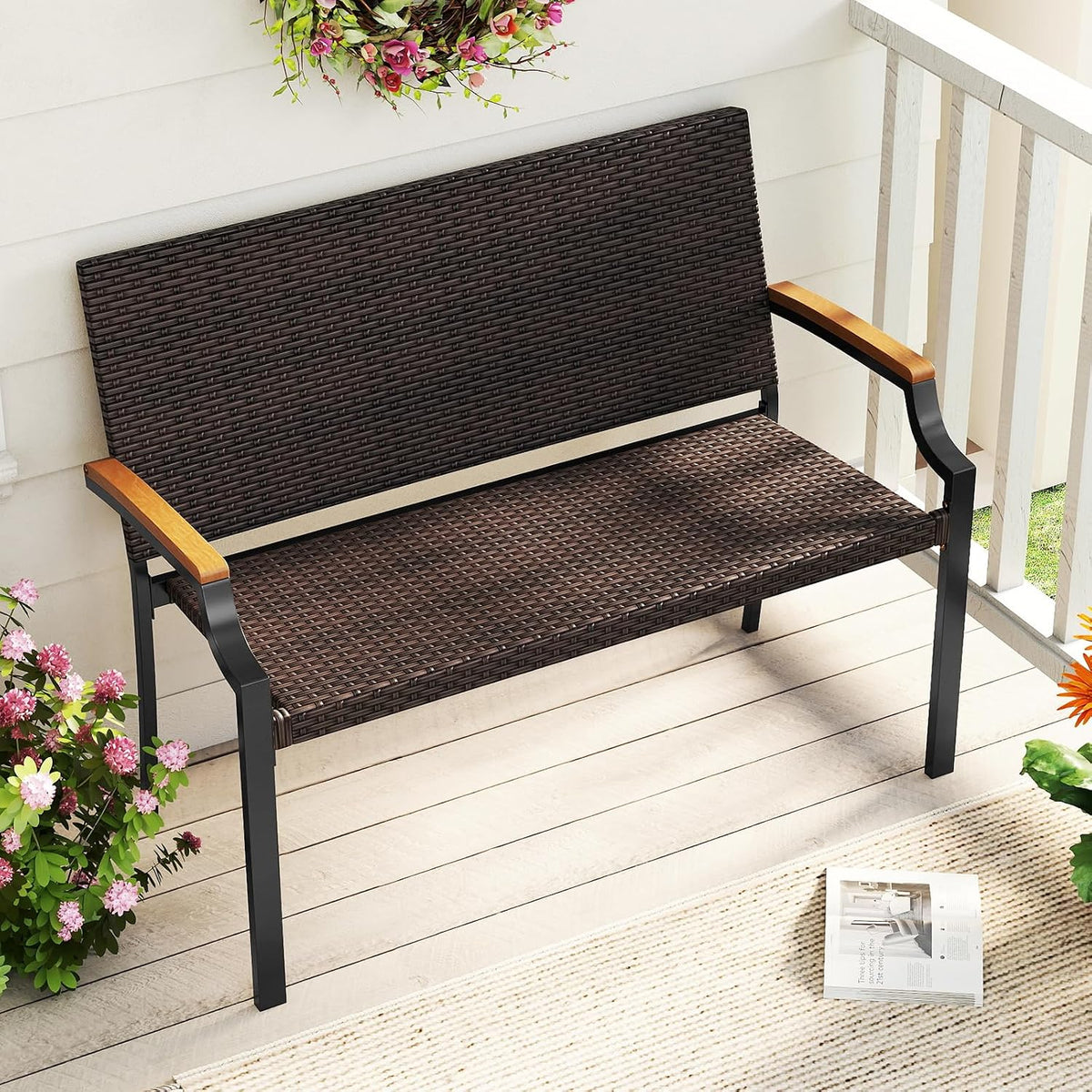 Wicker Acacia Patio Loveseat Bench