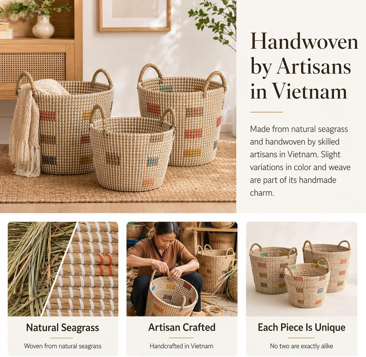 Natural Seagrass Nesting Storage Baskets Set of 3