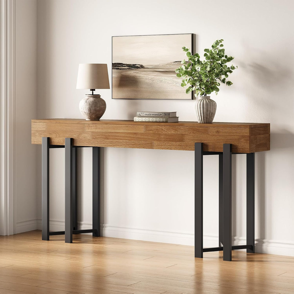 Oak Console Table Black Metal Frame