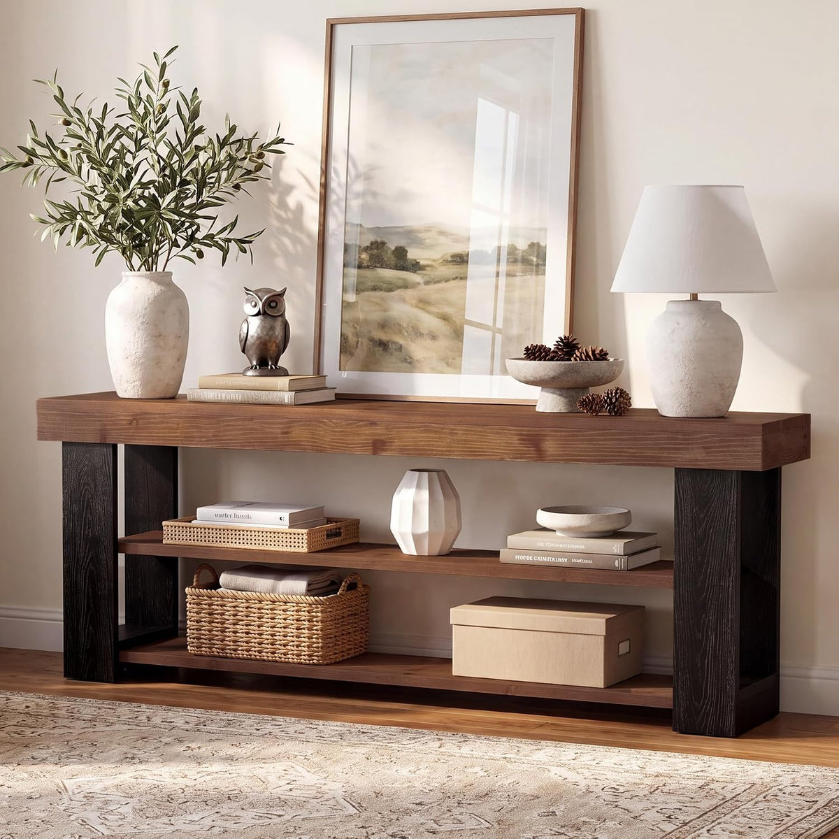 63" 3-Tier Solid Wood Console Table