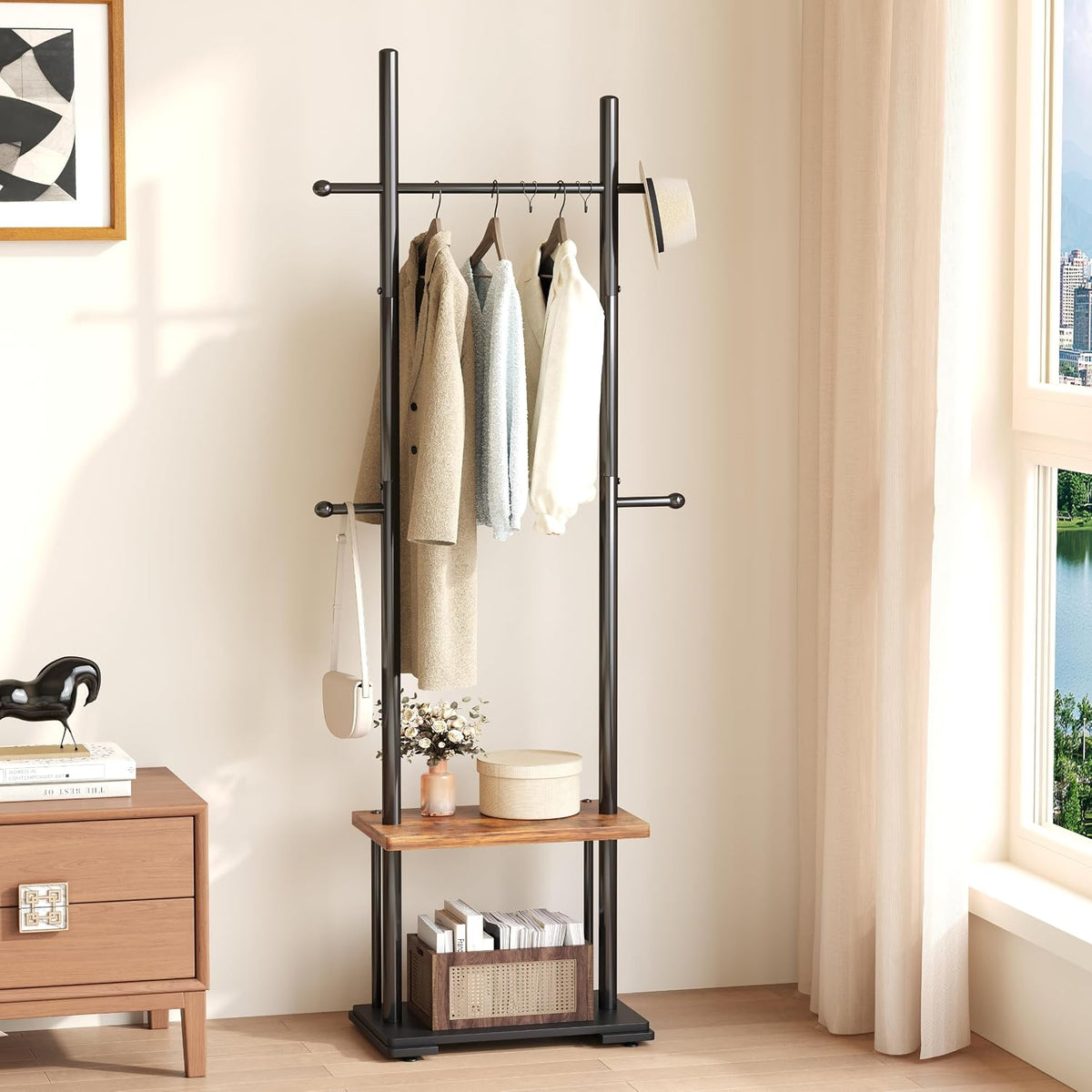 Freestanding Coat Rack with 2 Storage Shelves