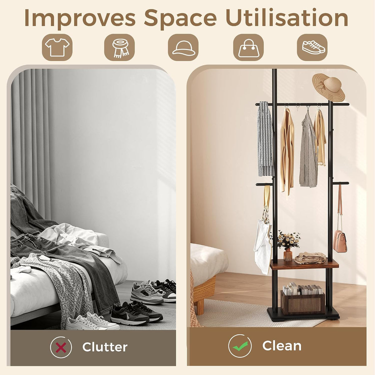 Freestanding Coat Rack with 2 Storage Shelves