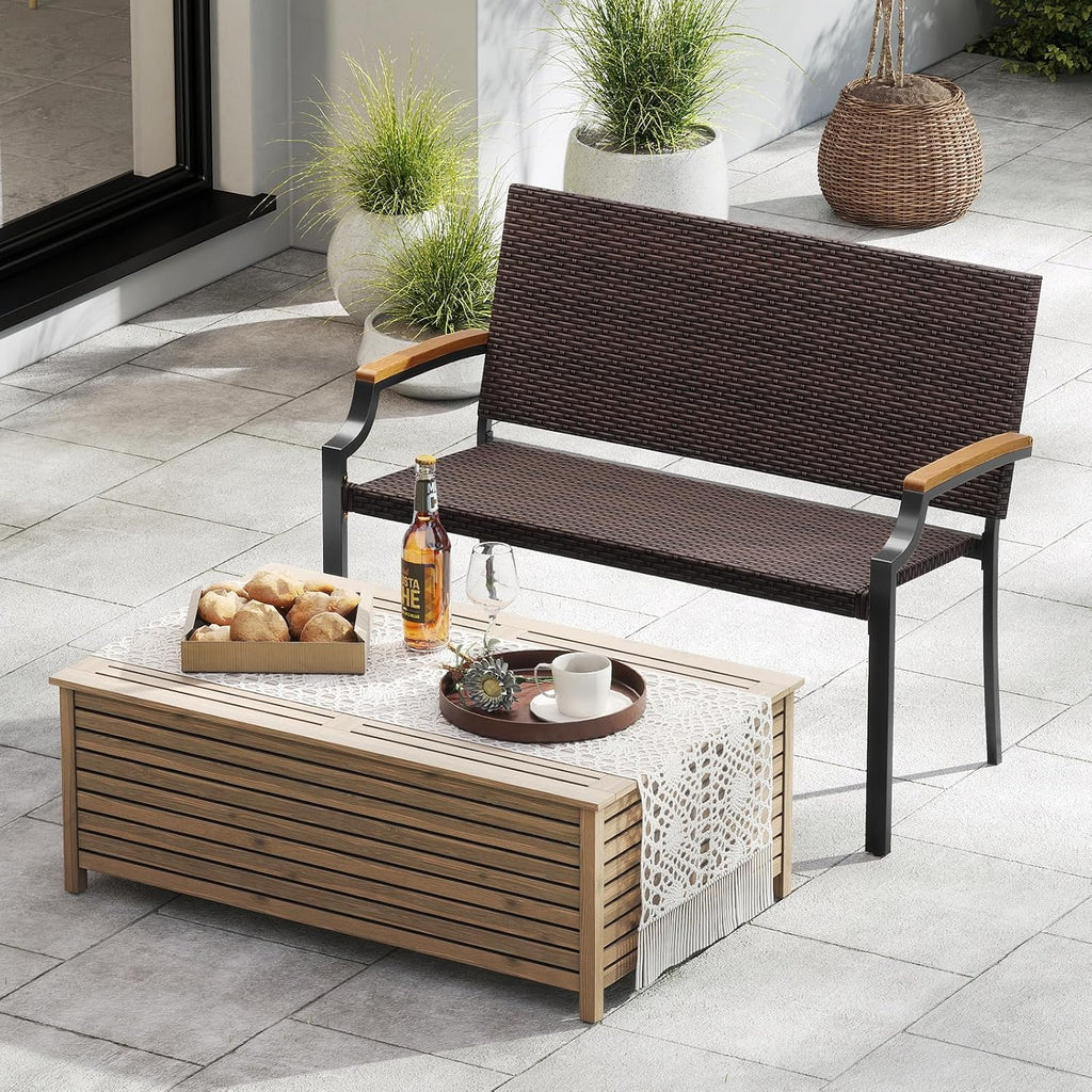 Wicker Acacia Patio Loveseat Bench