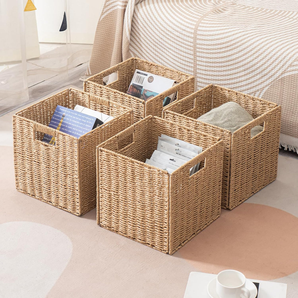 Foldable Paper Woven Cube Bins Set of 4