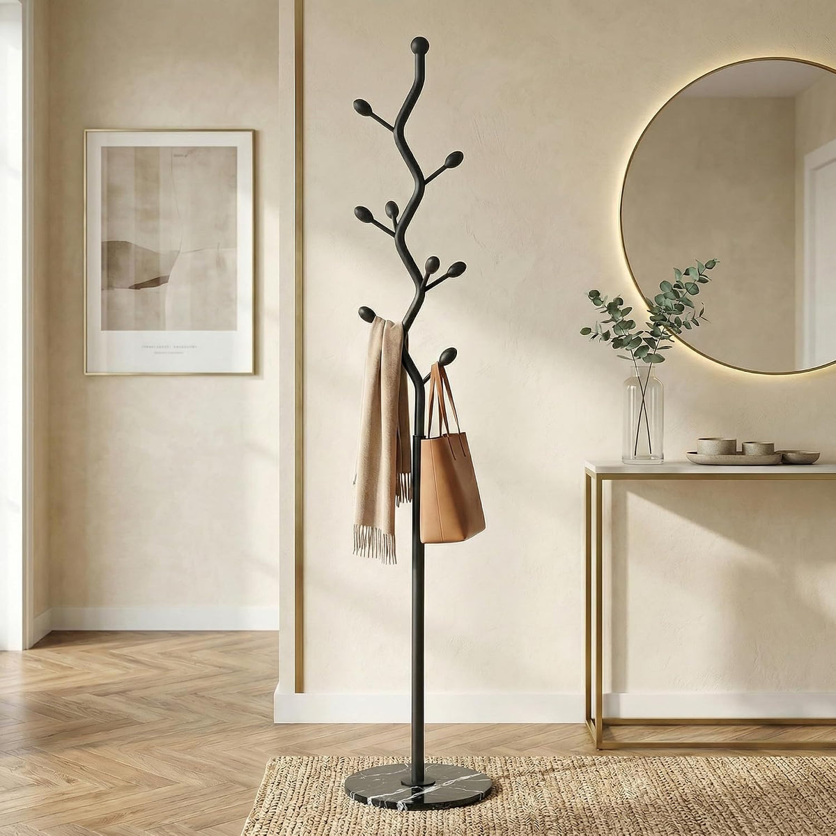 Black Freestanding Coat Rack with Marble Base