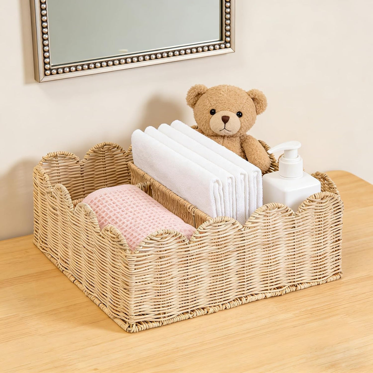 Rattan Scalloped Divided Storage Basket