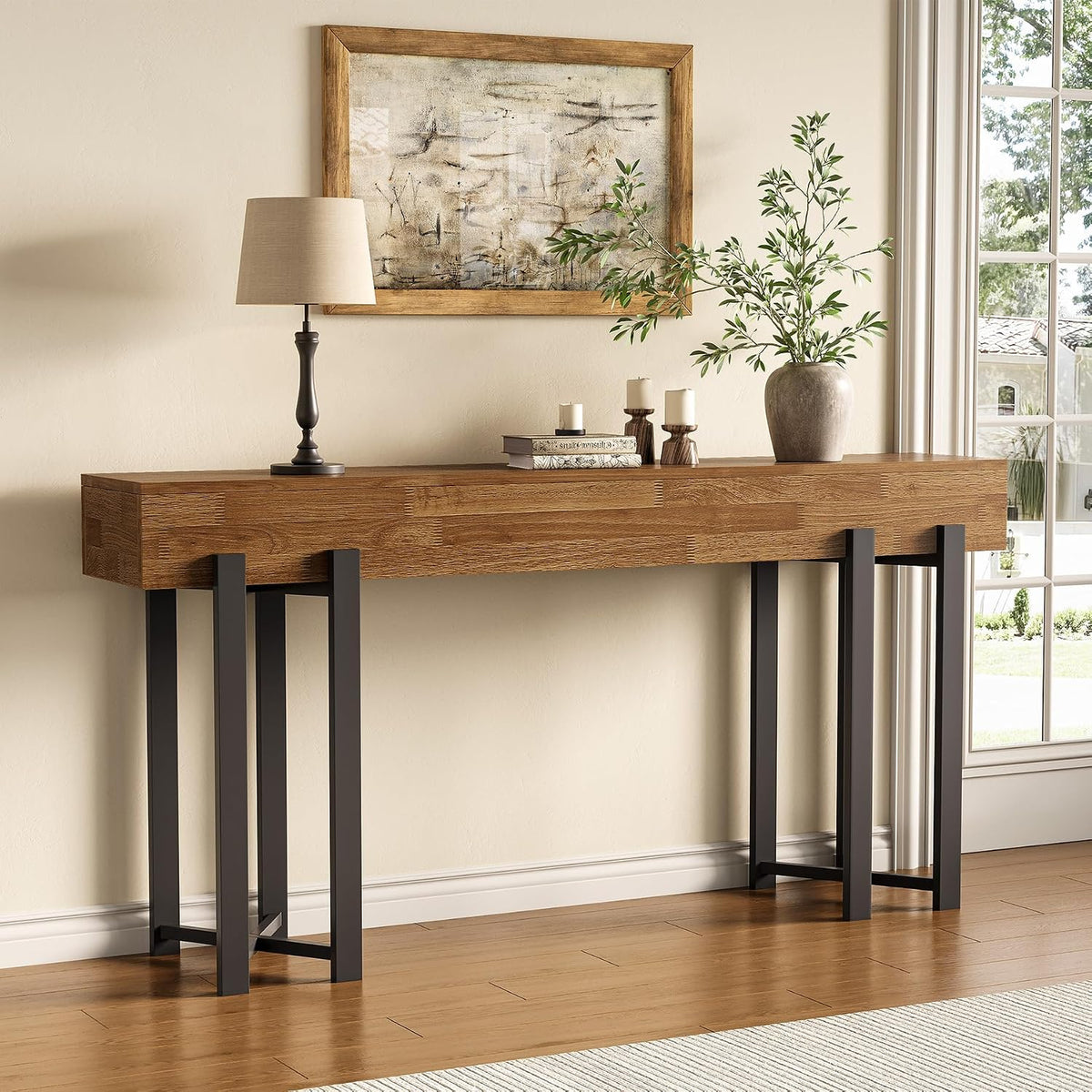 Oak Console Table Black Metal Frame