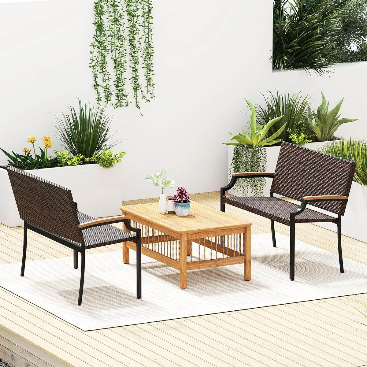 Wicker Acacia Patio Loveseat Bench