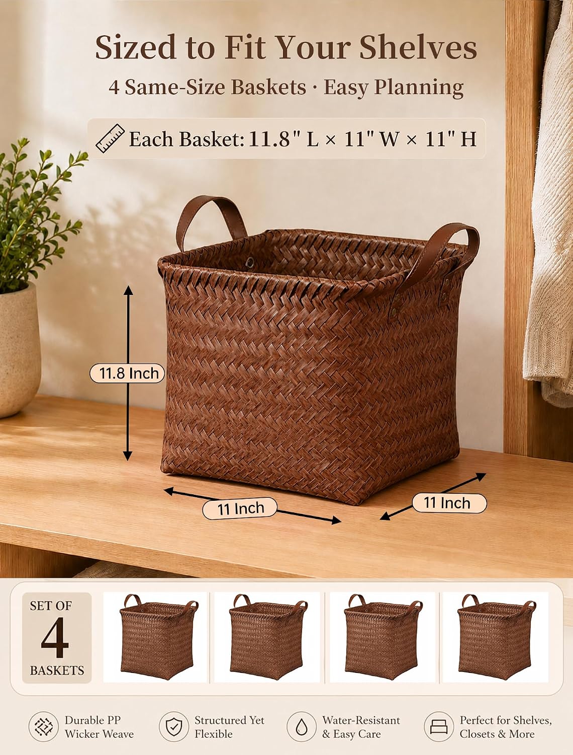 Brown Wicker Storage Baskets 4 Pack