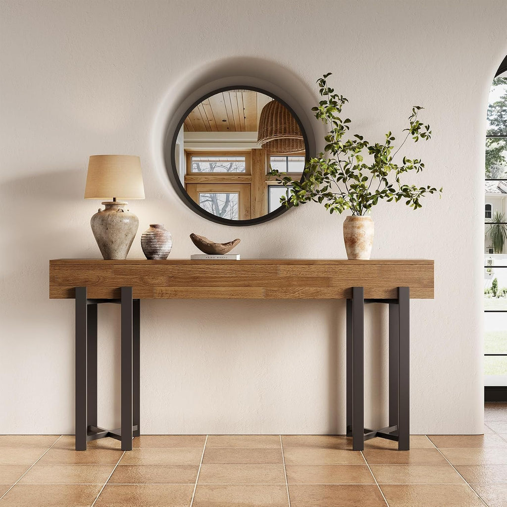 Oak Console Table Black Metal Frame