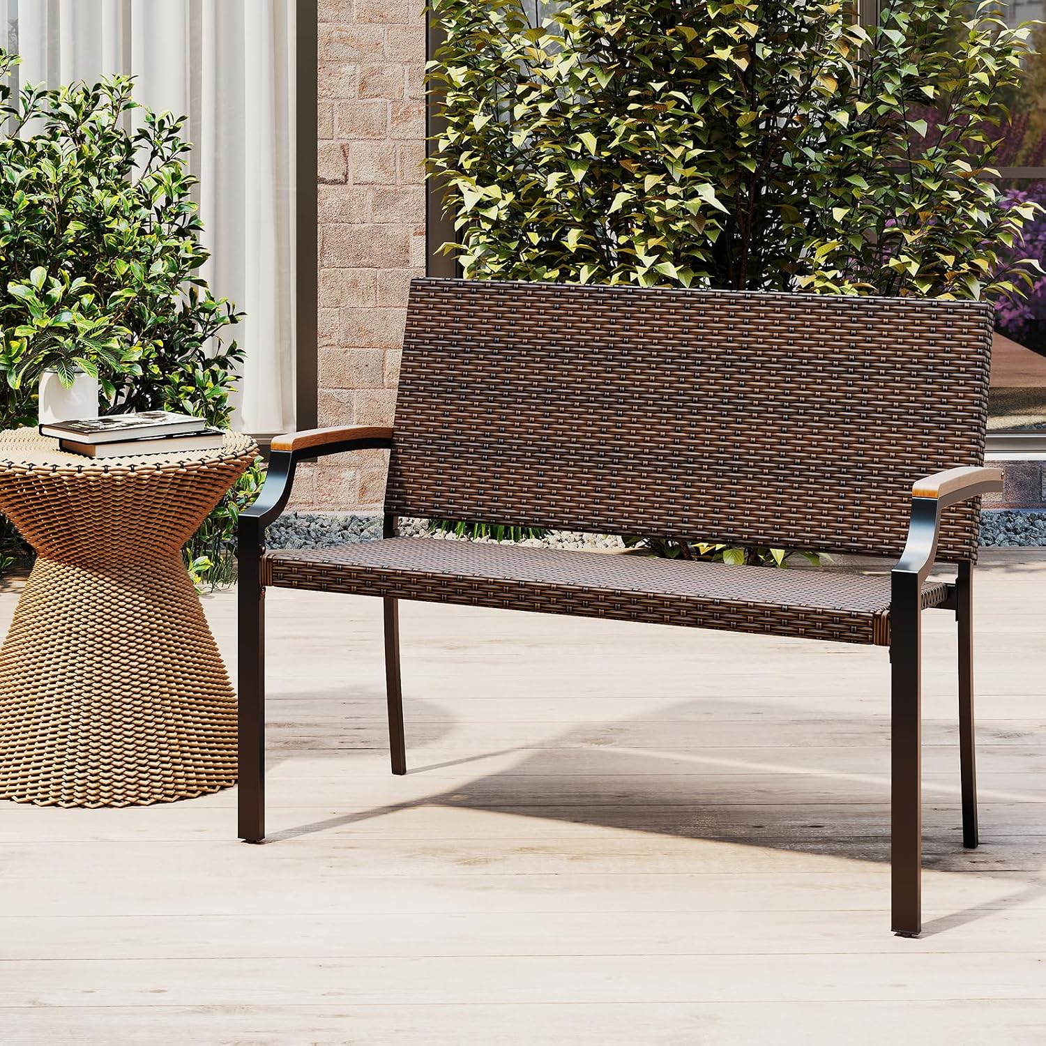 Wicker Acacia Patio Loveseat Bench