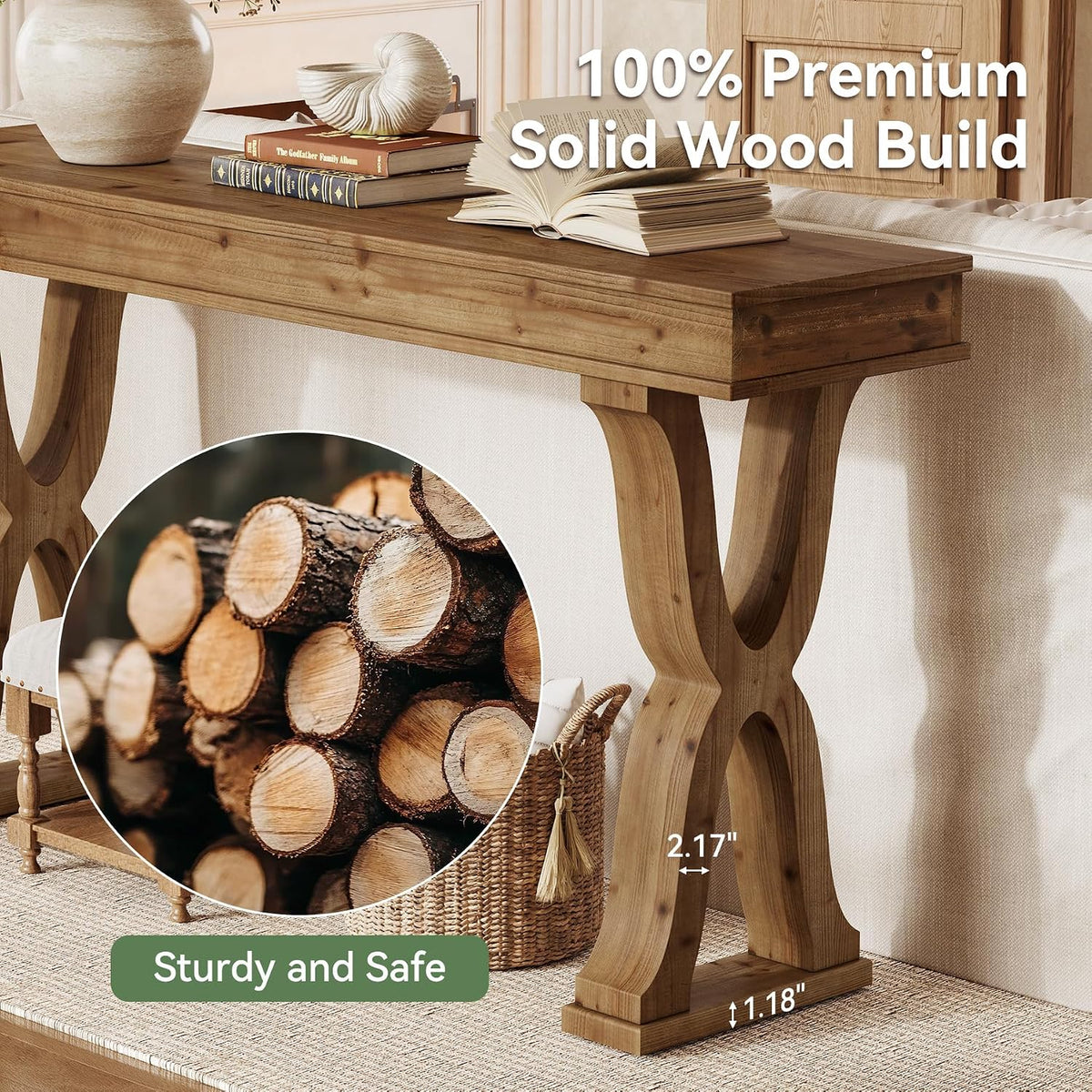 63" Solid Wood Farmhouse Console Table