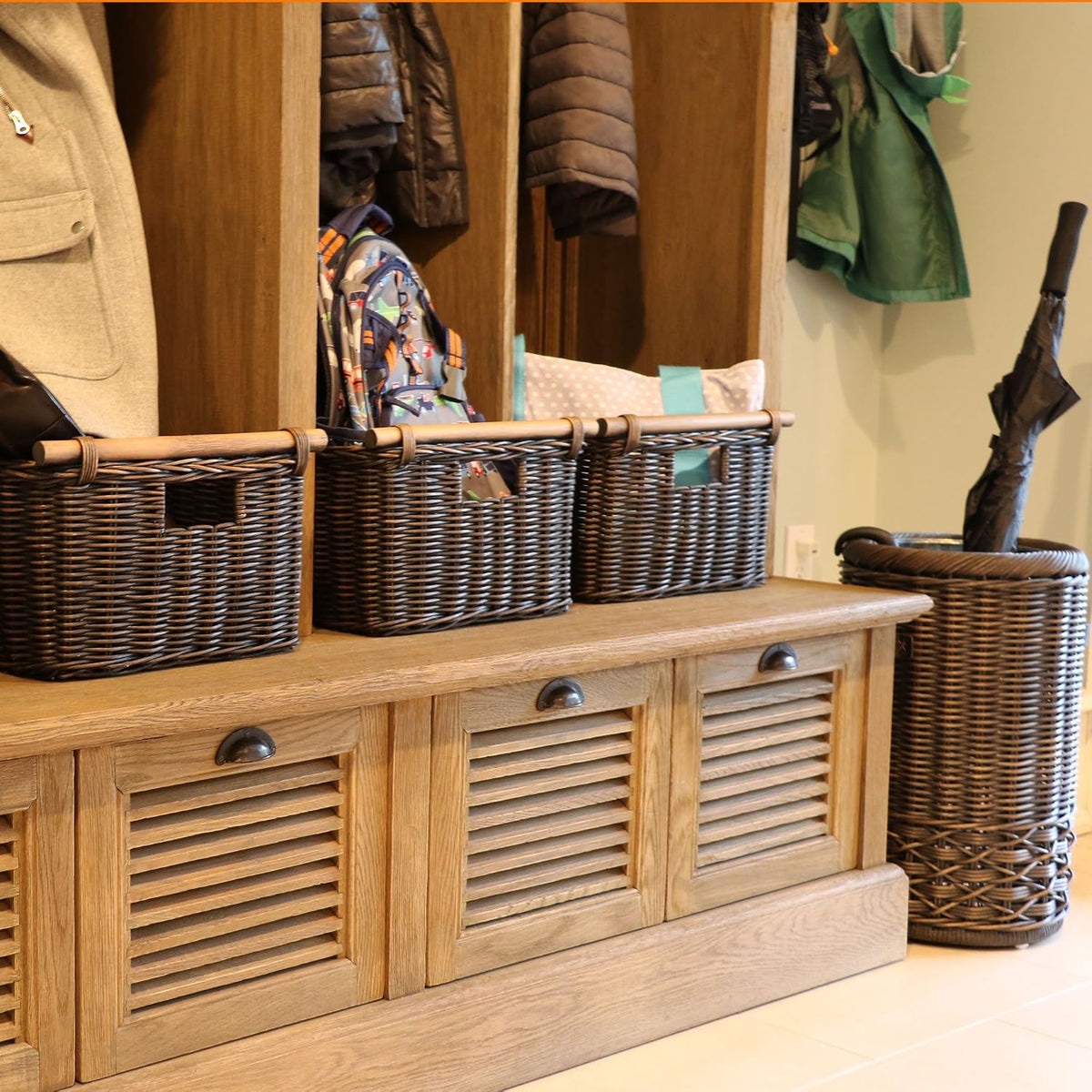The Basket Lady Wicker Storage Basket with Pole Handle