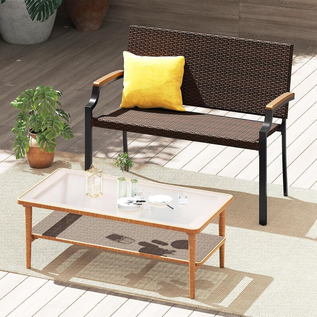 Wicker Acacia Patio Loveseat Bench