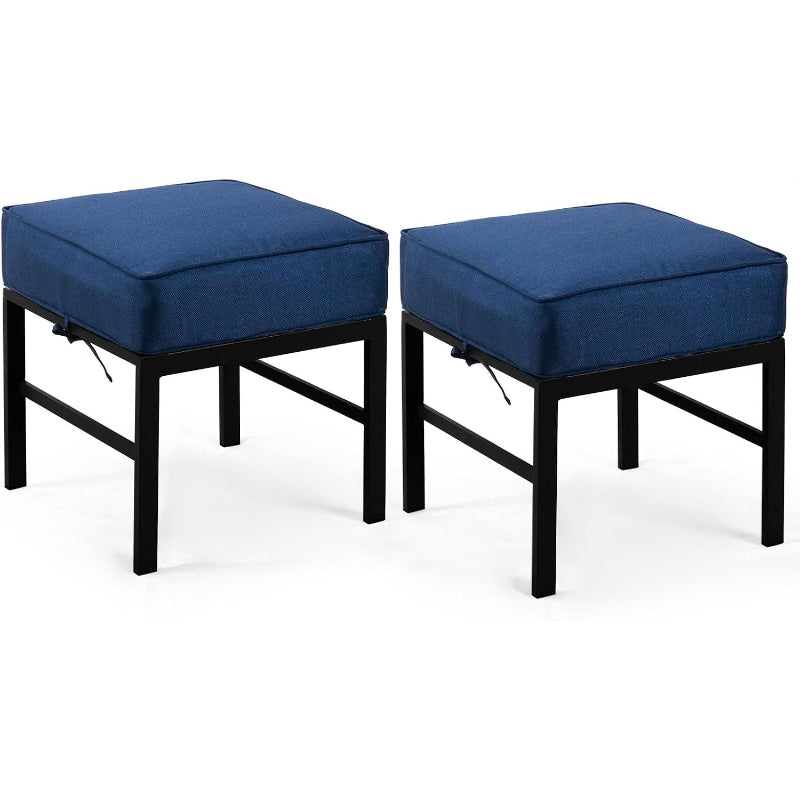 Metal Patio Ottoman With Blue Cushions