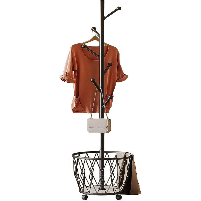 Black Freestanding Coat Rack with Basket